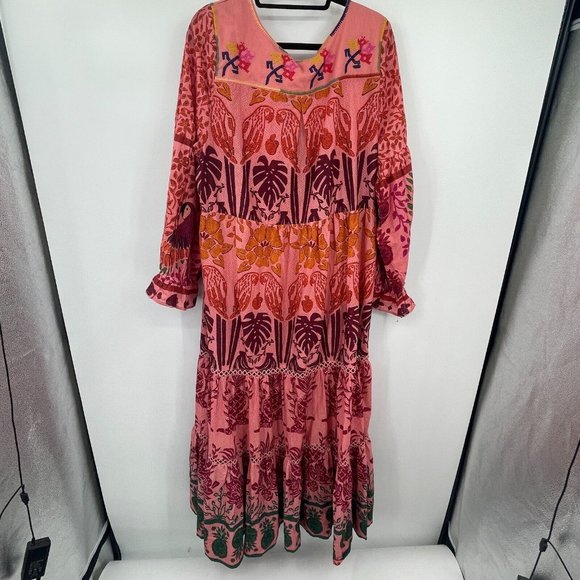 Farm Rio Womens Dress XL Ainika Print Macaws Maxi Dress Puff Sleeve Tassel Tie - Picture 15 of 16